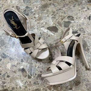 Saint Laurent YSL Tribute Platform Sandals Beige Leather Heels 36